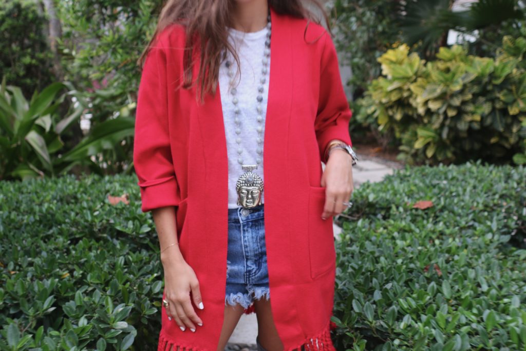 Red Tassel Sweater + Over the Knee Boots + buddha necklace