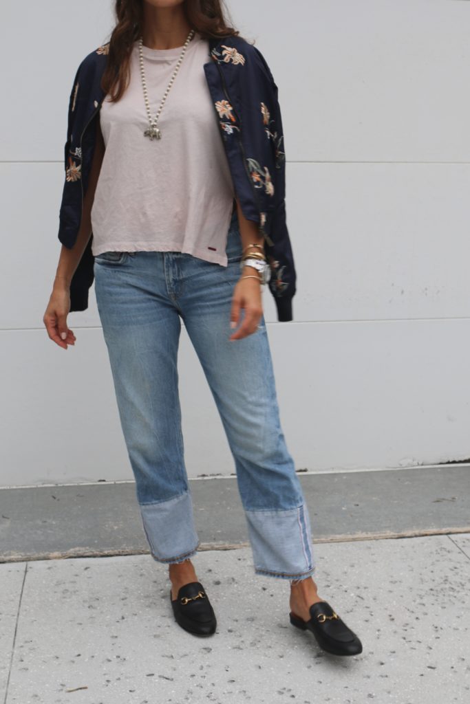 Navy Bomber Jacket + Two-Tone Jeans