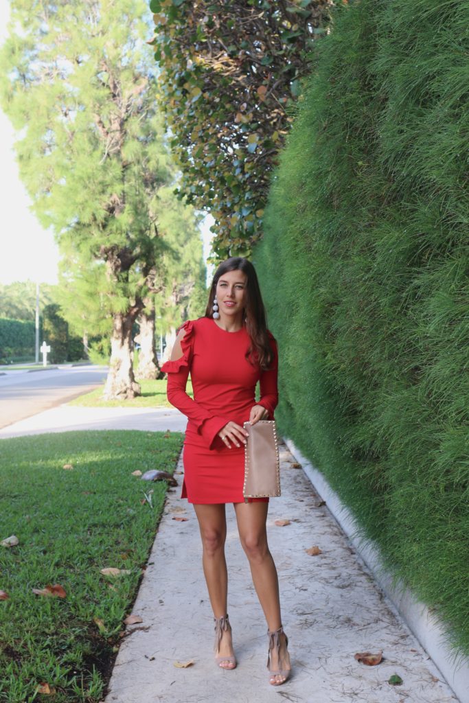 Little Red Dress with a Cold Shoulder with clutch and schutz