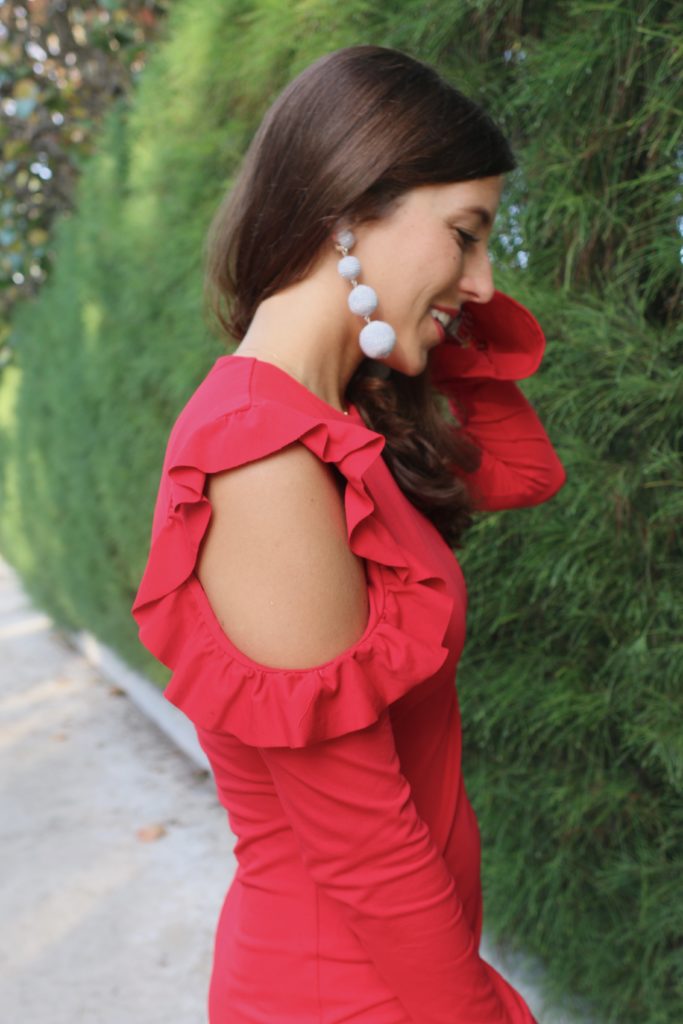 Little Red Dress with a Cold Shoulder and earrings