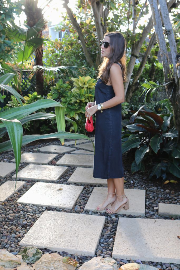 Black Slip Dress & Cork Sandals for a holiday look