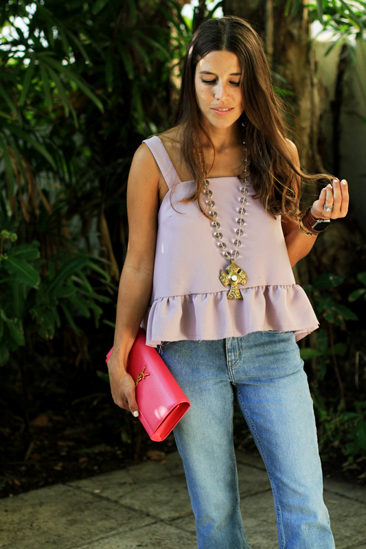 Pink Ruffle Tank & Clear Necklace