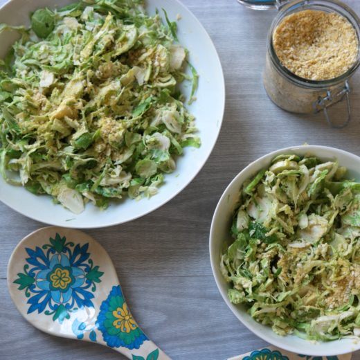 Vegan Caesar Salad with Shaved Brussel Sprouts & Vegan Parmesan