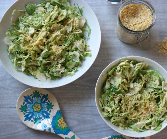 Vegan Caesar Salad with Shaved Brussel Sprouts & Vegan Parmesan