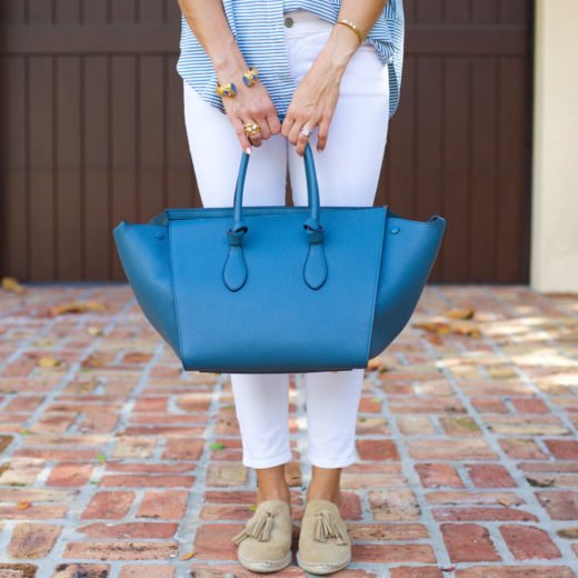 Striped Blouse, White Denim, & Espadrille Slides + celine