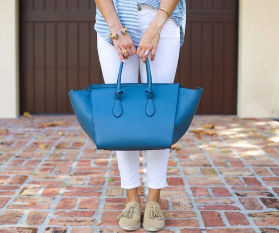 Striped Blouse, White Denim, & Espadrille Slides + celine