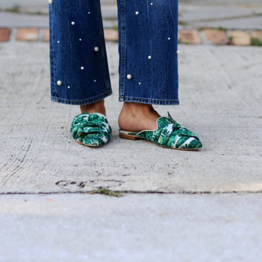 Pearl Jeans & Palm Print Slides