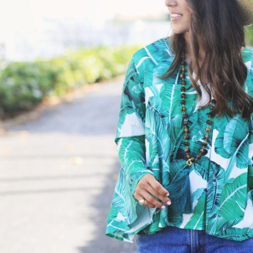 Palm Print Top & Denim Shorts