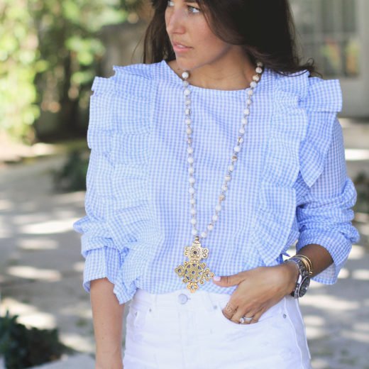 Gingham Ruffle Top & Blue Suede Shoes