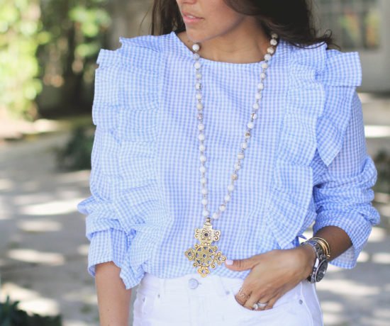 Gingham Ruffle Top & Blue Suede Shoes