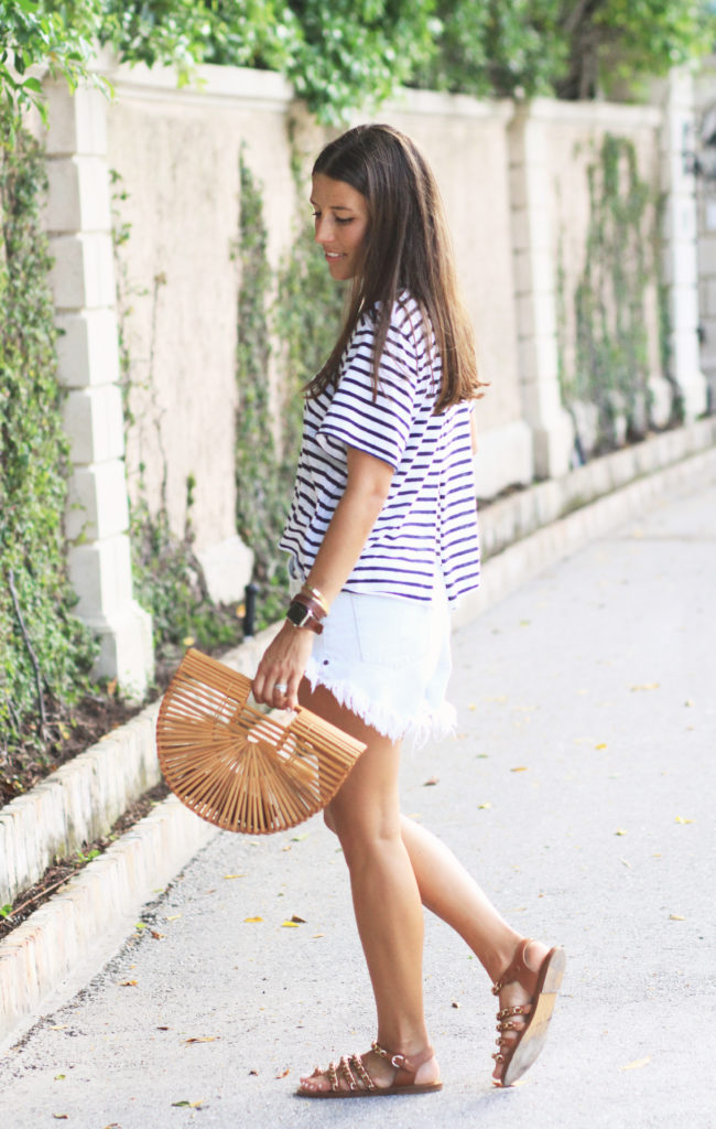 Casual Striped Tee & Wicker Bag