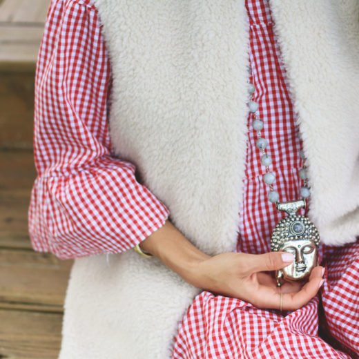 Faux Shearling Vest + Red Gingham Dress