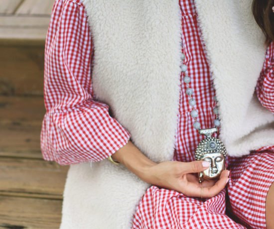 Faux Shearling Vest + Red Gingham Dress