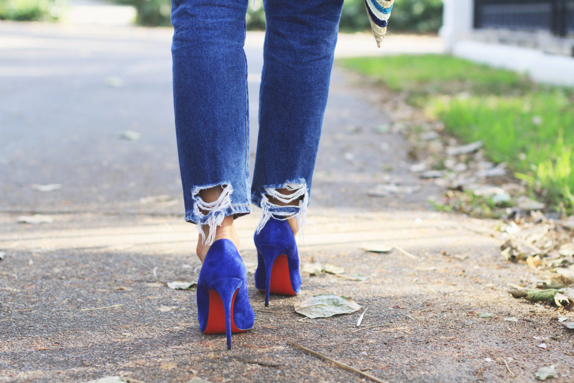 White Knotted Top & Blue Shoes