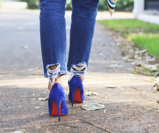 White Knotted Top & Blue Shoes