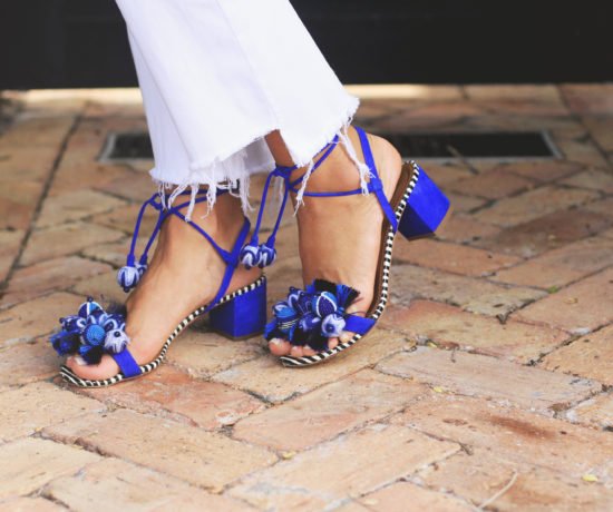 Drop Shoulder Stripe Top & blue heels