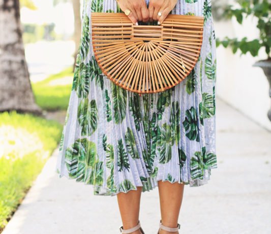 Pleated Palm Print Skirt