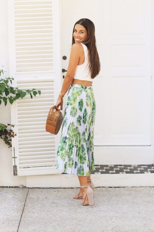 Pleated Palm Print Skirt & White Crop Top - VeryAllegra