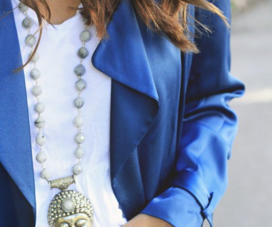 Blue Trench Coat & Very Allegra Necklace